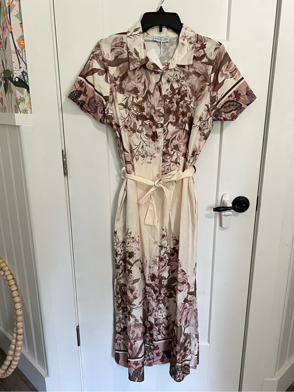 Civico 51 Floral Cream Maxi Shirt Dress with Removable Waist Tie
